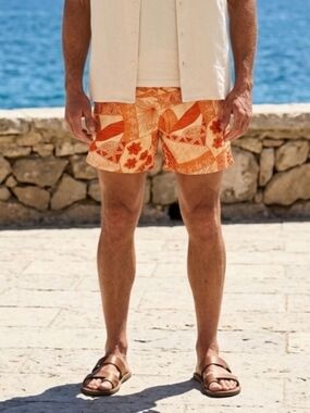 Sand N Sun Men's Orange Abstract Print Swim Trunks Size L (36/38)